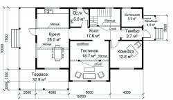 План 1 этажа каркасного дома с угловой террасой и балконом
