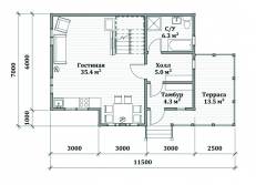 План 1 этажа двухэтажного каркасного дома в стиле охотничьего дома