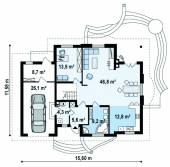 План 1 этажа кирпичного дома с встроенным гаражом