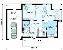 План 1 этажа двухэтажного кирпичного дома с гаражом