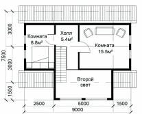 План 2 этажа каркасного дома с террасой и остеклением в 2 этажа