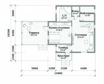План 1 этажа каркасного дома с крытым патио и террасой